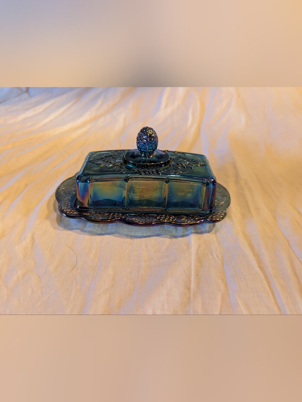 RESERVE Indiana Glass Iridescent Blue-Green Butter Dish with Pineapple Knob